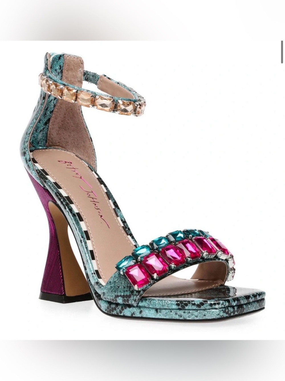 Betsey Johnson Teal and Pink Jeweled Ankle-Strap Heel